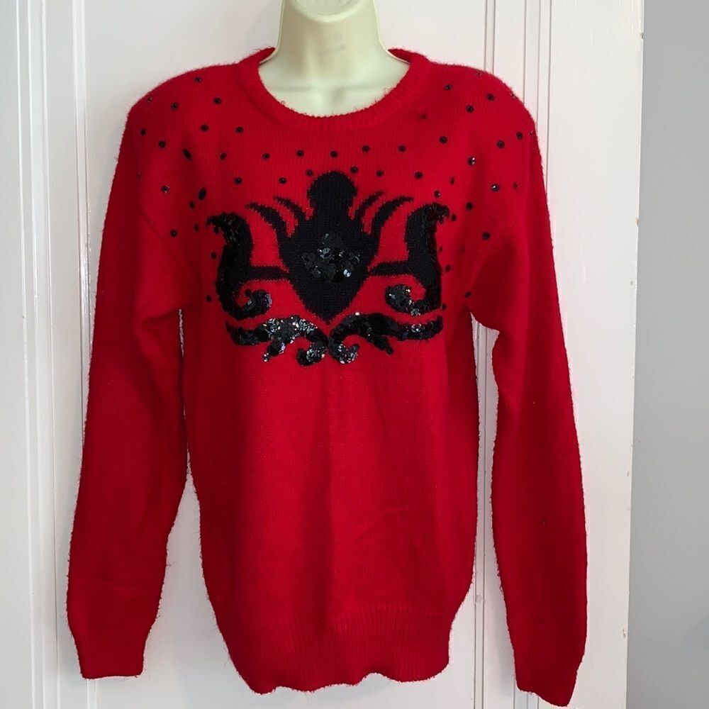 Vtg Bramble Lane red sweater with‎ stylized black beads & sequin design